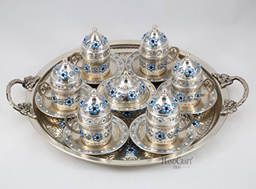 Traditional Design Handmade Copper Turkish Arabic Armenian Coffee Set Espresso Tea Set for Six (Blue)