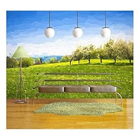 Oil Painting Spring Landscape - Green Meadow and Fruit Trees. Original Oil Painting on Canvas. - Removable Wall Mural | Self-Adhesive Large Wallpaper - 66x96 inches