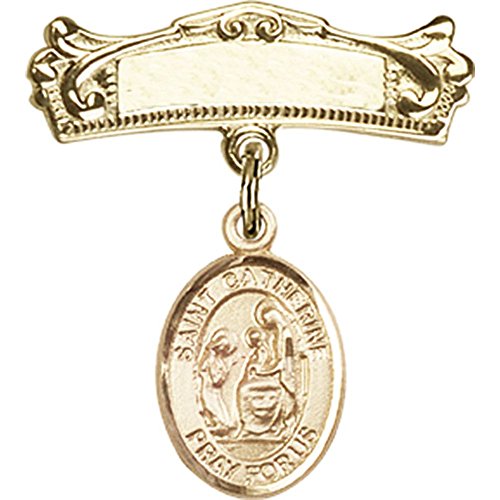 14kt Yellow Gold Baby Badge with St. Catherine of Siena Charm and Arched Polished Badge Pin 7/8 X 3/4 inches