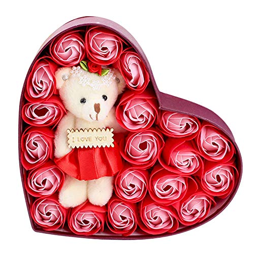 Migavan Rose Soap, 20pcs Rose Flower Soap Artificial Flora Scented Bath Soap with Bear Toy for Mom Girls Lovers Birthday Valentines Day New Year Gifts Red