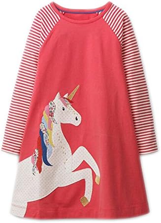 Girls Cotton Long Sleeve Casual Cartoon Appliques Striped Jersey Dresses