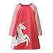 Youlebao Girls Cotton Long Sleeve Casual Cartoon Appliques Striped Jersey Dresses (5T, Red Unicorn)