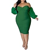 EDITCOZY Women Plus Size Dresses Curvy Off Shoulder Long Sleeve Cocktail Wedding Guest Bodycon Club Midi Dress