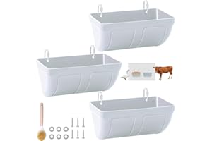 CENCODE Goat Feeders Hanging 3 Pack 5 Quart, Chicken Waterer Feeder Trough for Poultry Duck Sheeple Coop Dog Livestock Poultry Plastic Trough Bucket, Hanging or Screw-in Fence Feeder with Clips, White