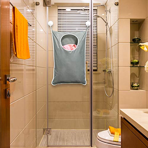 DiGiCare Door Hanging Laundry Hamper Bag, Space Saving Wall Hanging Laundry Basket Laundry Bag With 2 Stainless Steel Hooks, 2 Suction Hooks for Door, Wall, Nursery Room, Dorm, Travel (Gray) - Thumbnail 6