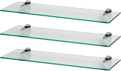 Harbour Housewares Floating Glass Wall Shelves 60cm Pack of 3 with Silver