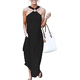 ANRABESS Women Summer Halter Neck Sundress Sleeveless Split Side Casual Beach Travel Vacation Maxi Long Dress with Pockets
