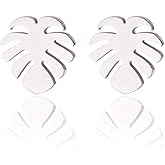 Simple Stainless Steel Monstera Leaves Stud Earring for Women and Mens Punk Tropical Jewelry Gifts-silver