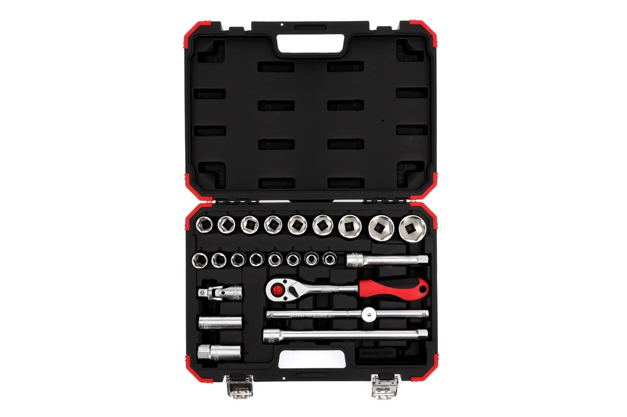 GEDORE R69003024 Steckschl.Satz 1/2 SW10-32mm 24tlg red Set, 24 Pieces, with Reversible Ratchet, Socket Spanner and Spark Plug Insert, 1/2 inch, Zoll