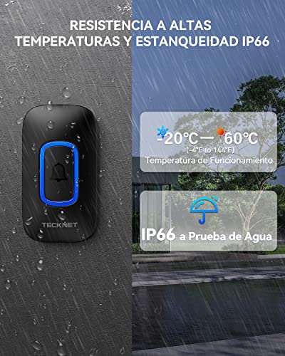 TECKNET Wireless Doorbell Outdoor Waterproof, 400M Range RGB Wireless Doorbell IP66, 5 Volume Levels (0-110dB) and 60 Melodies for Home/Hotel/Office/Emergency, etc