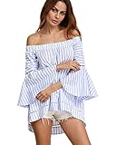 StyleDome Women Striped Off Shoulder Elegant Long Flare Bell Sleeve Shirts Off Loose Blouse Tops