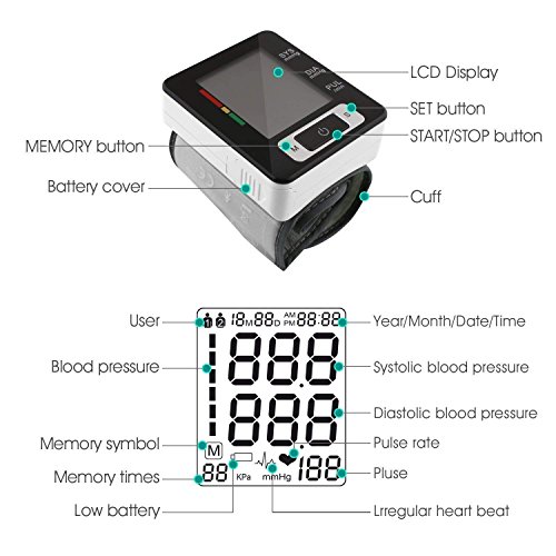 Wrist Blood Pressure Monitor, Digital BP Monitor with Memory Storage, Intelligent LCD Display Automatically Measure Pulse Diastolic Systolic and Shows Hypertension Level (Ck133)