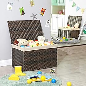 SONGMICS Storage Basket with Lid, Rattan-Style Storage Trunk with Cotton Liner and Handles, for Bedroom Closet Laundry… 51 RgxCm5TL