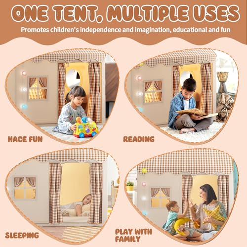 Pomefar Large Kids Tent with LED Lights & Party Decor, Indoor/Outdoor Playhouse for Boys & Girls Ages 3-10, Princess Castle Design for Birthday, Room Decor & Family Gatherings