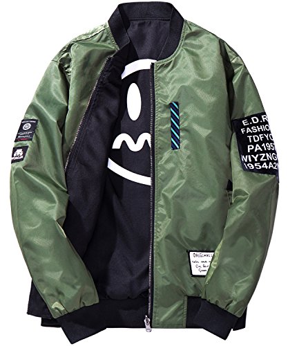 HENGAO Men's Casual Reversible Patches Varsity Bomber Jacket Coat Outwear, Military Green, XL/48R = Tag 5XL