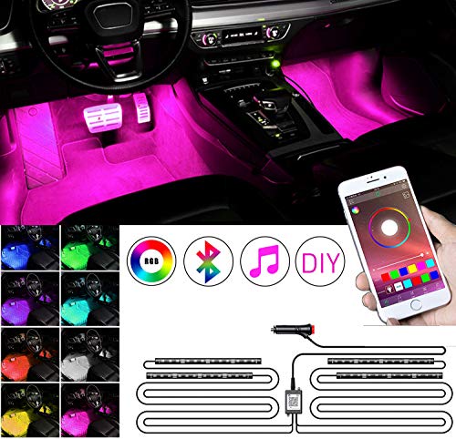 Car Ambient Light Interior, KFZMAN 4PC 48LED RGB Strip Light Kit Automative with Timer, APP Remote, Sync with Music, Strobe Model, Under Dash Lighting Kits with Cigarette Lighter Switch, DC12V