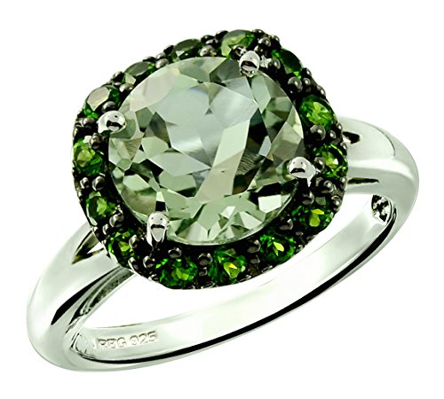 RB Gems Sterling Silver 925 Ring Genuine GEMS 3.30 Cts, Round 9 mm, Rhodium-Plated Finish, Flower Style (6, prasiolite-Quartz)