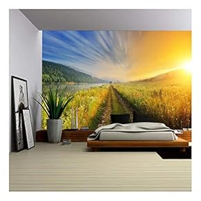 Fantastic Foggy River with Fresh Green Grass in The Sunlight. - Removable Wall Mural | Self-Adhesive Large Wallpaper - 66x96 inches