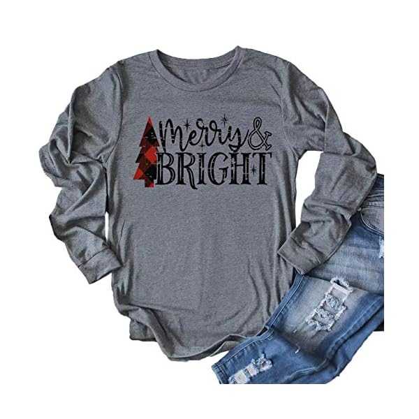 JINTING Merry and Bright Shirts Women Long Sleeve Merry Christmas Tree Graphic Print Tee Shirts Tops Blouse Plus Size