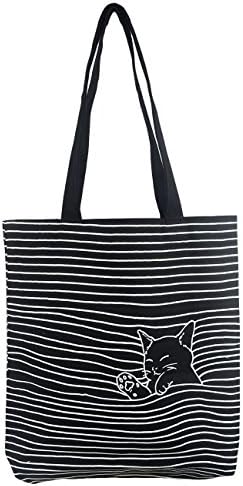 POPUCT Women's Cute Cat Canvas Tote Shopping Bag(Black-1)