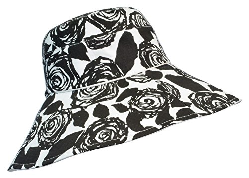 Womens Sun Hat Packable Wide Brim UV Protection Beach Hat Rose Pattern Black