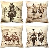 Worltoldb Throw Pillow Covers Set of 4 Decorative Soft Linen Fabric Square Cushion Case for Room Bedroom Sofa Car 18x18 (Western Cowboy, 18"x18")