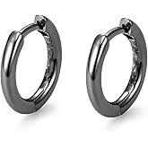Classic Pure Solid 925 Sterling Silver Black Plated Small 14mm Thin Hoops Earrings Unisex Trendy Cool Men Women Hypoallergenic Huggie Hoop Earrings