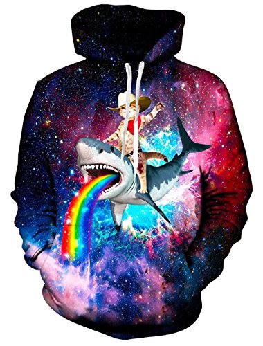 RAISEVERN Causal Hoodie, Unisex Funny 3D Printed Drawstring Glaxy Hoodies Cat Riding Sharp Shark Pullover Sweatshirts Rainbow Hooded