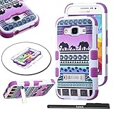 Samsung Galaxy Core Prime (G360) / Samsung Galaxy Prevail LTE Phone Case, Luxca (Tm) Samsung Galaxy Prevail LTE / Samsung Galaxy Core Prime Hybrid Heavy Duty Rugged Impact Advanced Armor Soft Silicone Cover Hard Snap On Dynamic Case with Kickstand Tuff Symbiosis + Clear Lcd Screen Protector + Luxca (Tm) Stylus Pen (Elephant Tribal / Purple Tuff Kickstand)