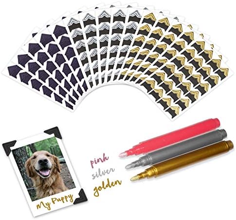 360 Count 15 Sheets Self Adhesive Photo Corners for Scrapbook in 3 Colors + 3 Metallic Markers: Gold, Silver & Metal Pink Bundle - Acid free, Great Photo Mounts for Guestbook and Picture Album