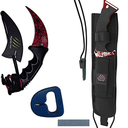 Karambit and Huntsman Knife 2 Piece Set | CSGO Skins | Karambit With Neck Knife Sheath and Sharpener | Huntsman with Whetstone and Fire Starter | Perfect Military Knife or Hunting Knife (Crimson)