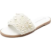 FUNKYMONKEY Women's Pearls Flat Sandals Slip-on Open Toe Dressy Summer Beach Casual Slide
