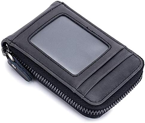 RFID Blocking Genuine Leather Mini Credit Card Case Organizer Compact Wallet with ID Window (Black)