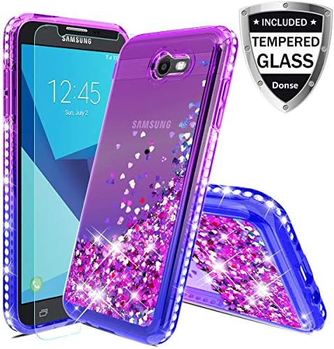 Galaxy J7 V/J7 Prime/J7 Perx/J7 Sky Pro/Halo/J7 2017 case W/Tempered Glass Screen Protector TPU Liquid Glitter Floating Shiny Spark Flowing Bling Diamond Quicksand for Girls Women Purple/Blue