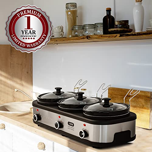 Ovente Stainless Steel Triple Slow Cooker Buffet Server with Glass Lid