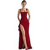 Caviotess Women’s Elegant Square Neck Ruched Formal Maxi Dress Sexy High Split Ruffle Bodycon Long Dress Evening Gown