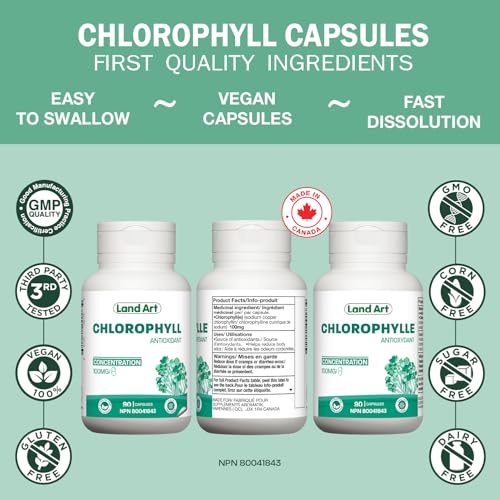 Chlorophyll Capsules - Cold Extracted from Non-GMO Alfalfa - Natural Detox - Alkaline - Natural Body Deodorant - Powerful Antioxidants Source - Made in Canada - Vegan - Non-GMO - 90 pills - 100 mg
