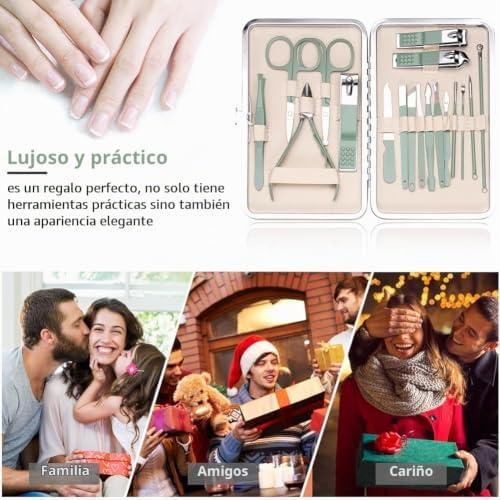Manicura Pedicura Set, 18 Piezas Cortaúñas, Tijeras de Uñas con Herramientas Remover Cutícula, Acero Inoxidable, Profesional Cortaúñas para Viajes y hogar, con Caja de Cuero, Verde