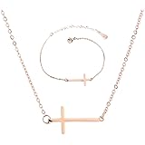 XIAOLI Sideways Cross Necklace Bracelets Set Rose Gold-Tone Silver-Tone