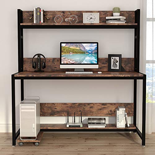 Tribesigns 55 Inches Large Computer Desk with Hutch, Modern Writing Desk with Bookshelf, PC Laptop Study Table Workstation for Home, Vintage + Black Legs