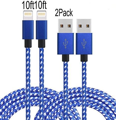 Frieso 2Pack 10FT Nylon Braided Lightning Charging Cable for iPhone 7,7 plus, 6s 6 Plus 5s 5c 5,iPhone SE, iPad Pro, Air 2, iPad mini 4 3 2, iPod touch 5th gen / 6th gen / nano 7th gen (Blue White)