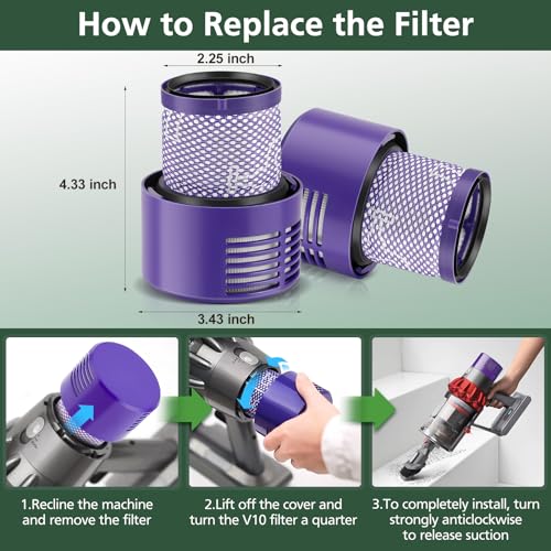 2 Pack V10 Filters Replacement for Dyson Cyclone Series, Cyclone V10 Absolute, Cyclone V10 Animal, Cyclone V10 Motorhead, Cyclone V10 Total Clean, SV12, Replaces Part # 969082-01