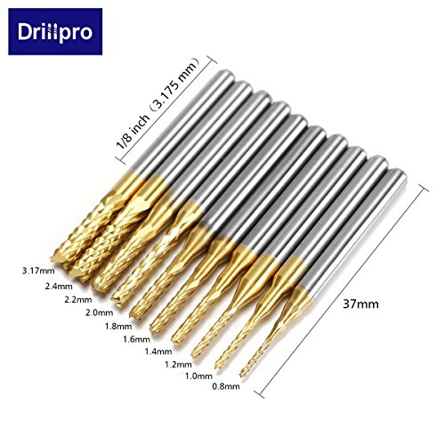 image for DRILLPRO 10Pcs 0.8-3 mm Titanium Coat Carbide End Mill Engraving Bits 