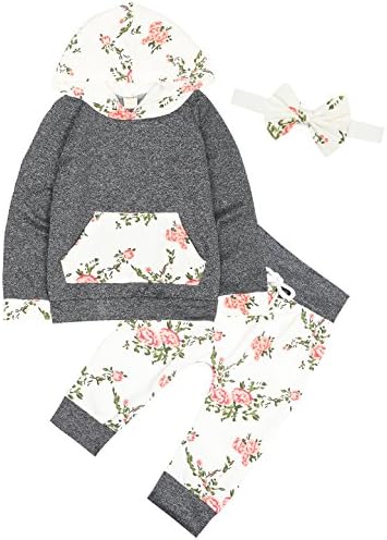Angebebe 3PCS Outfit Set Baby Girls Floral Hoodie Tops Pant With Heandband (Gray&amp;White, 12-18 Months)