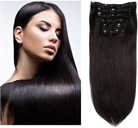 Virgin Human Hair Clip in Extensions 14Inch 8A Brazilian Straight Clip in Hair Extensions Double Weft Natural Black Thick Hair Extensions 100g(3.52oz) 7Pieces With 16Clips