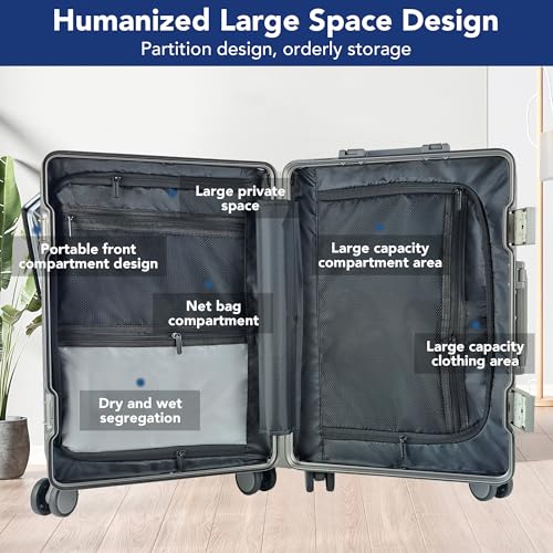 Carry On Luggage, 20 Inch Hardside Luggage, Carry On Suitcase with Front Open Laptop Compartment and Pocket, with Combination Lock, 4 Spinner Wheels, Cup Holder and Hook (c-White)
