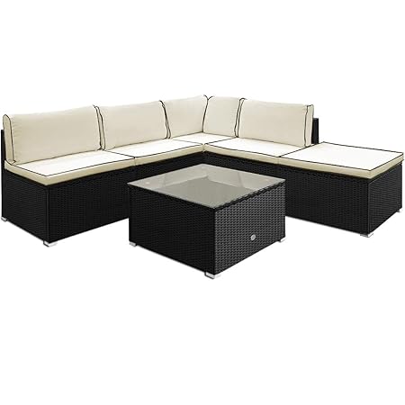 Deuba Poly Rattan Lounge Set Schwarz I 7cm Auflagen & 20cm Dicke Kissen I 1 Tisch Glasplatte Ecksofa Gartenmöbel Garten