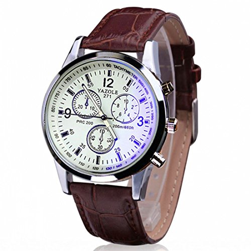 HANYI Mens Blue Ray Glass Quartz Analog Watch Watches -- White Dial Brown Band