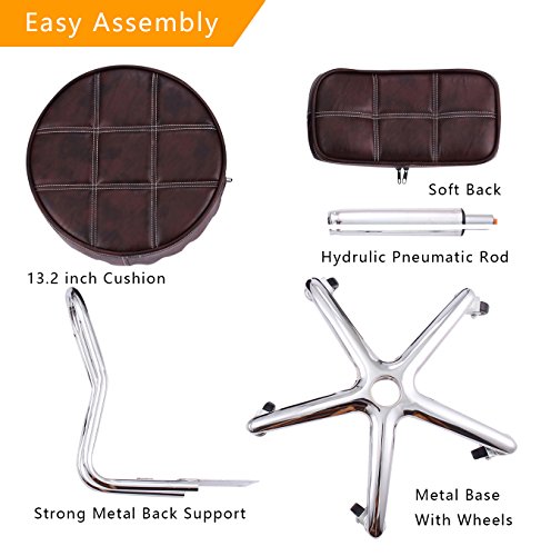 Rfiver 13.2inch Seat Cushion Ergonomic PU Leather Adjustable Rolling Office Work Stool Chair Swivel Home Desk Chairs with Backrest and Chrome Metal Base in Brown SC1003-2 - Thumbnail 4