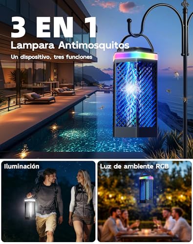 Regevo Rechargeable Electric Mosquito Lamp 8000mAh, 3 in 1 Electric Fly Swatter with LED and RGB Light, 2000V Insect Destroyer Outdoor and Indoor, IPX4 Waterproof for Camping, Garden, Home